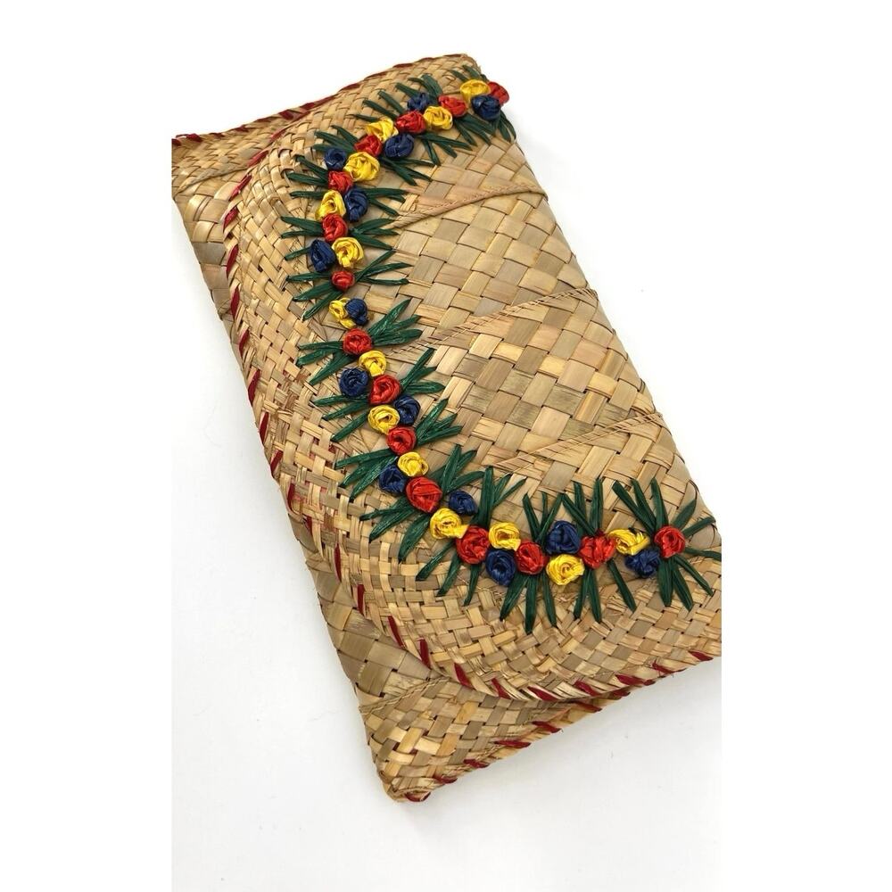 Vintage 1960s Woven Straw Clutch Floral Mid Centry Bag Boho Chic